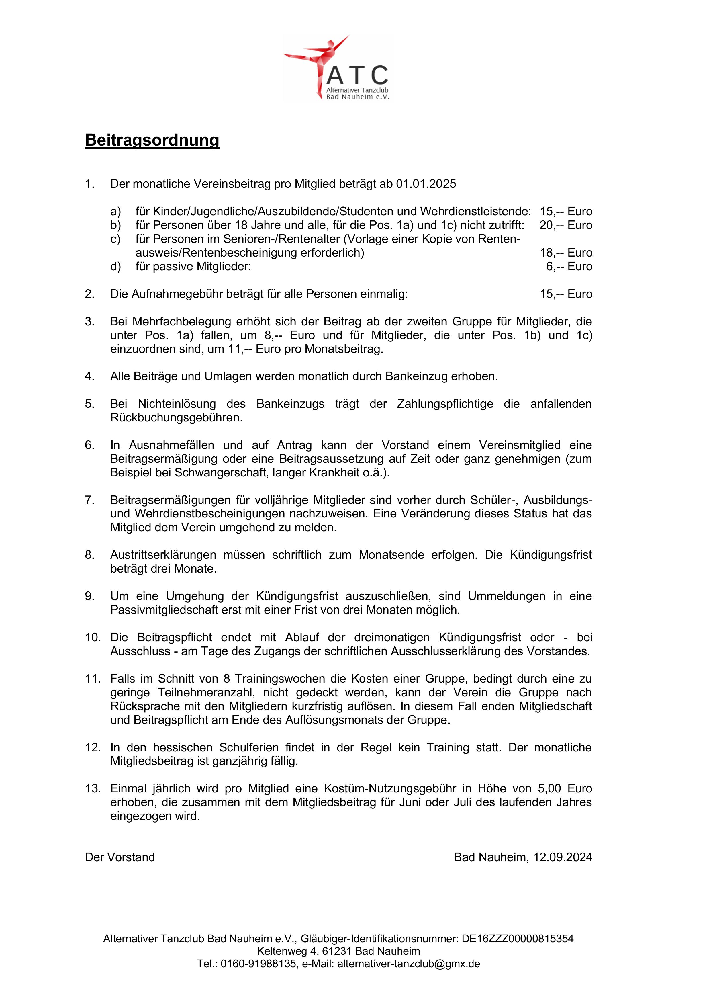 Änderung der Beitragsordnung 