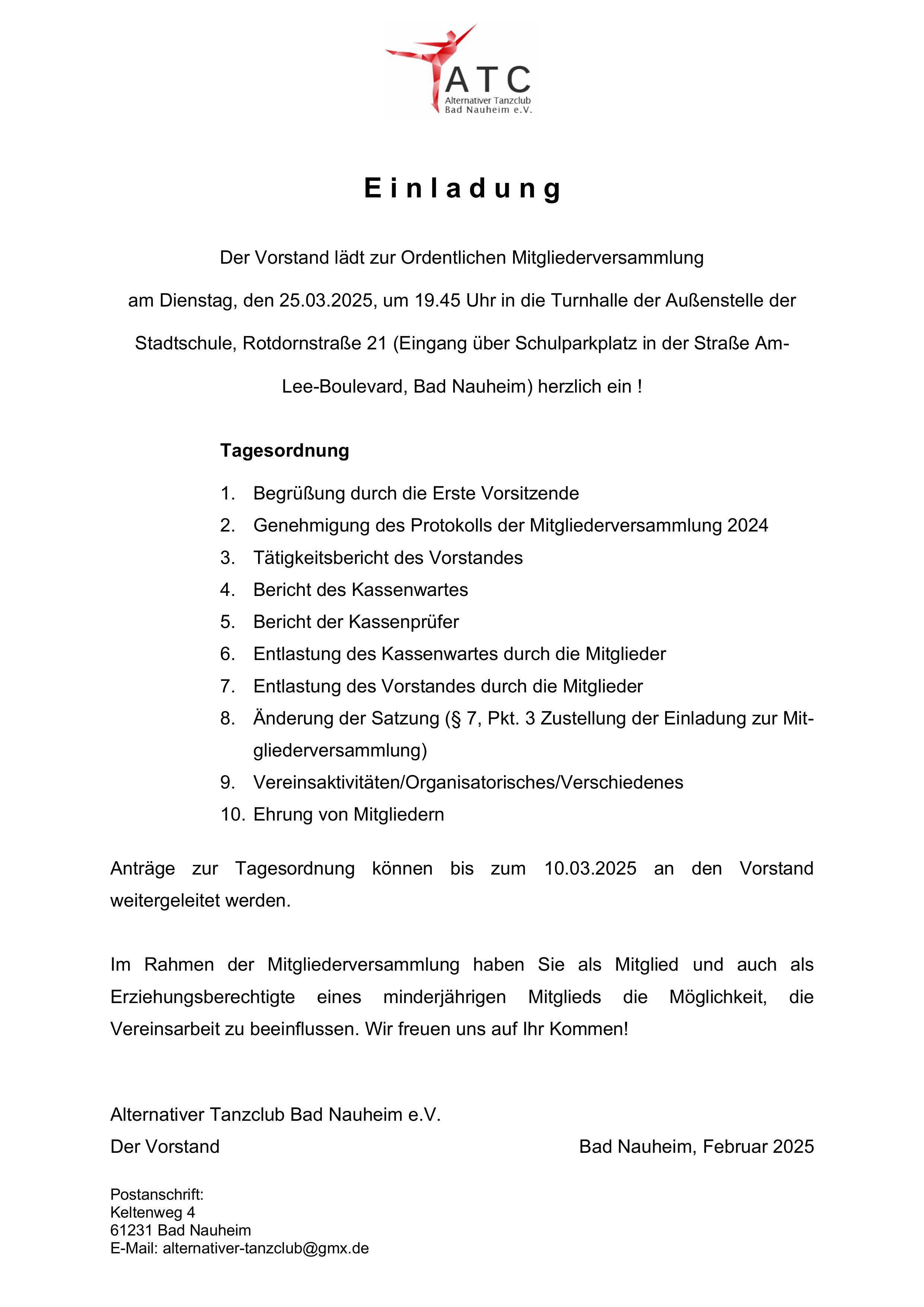 Einladung zur Mitgliederversammlung